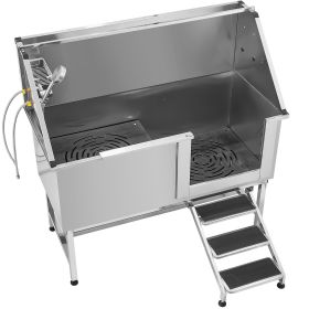 Stainless Steel Dog Washing Station, 62 inch Pet Grooming Tub w/ Stairs, PE Water Filter Board